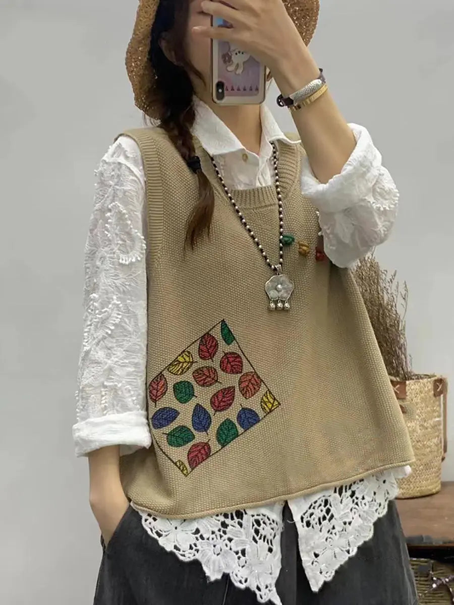 Women Casual Leaf Print Knitted Vest Ada Fashion