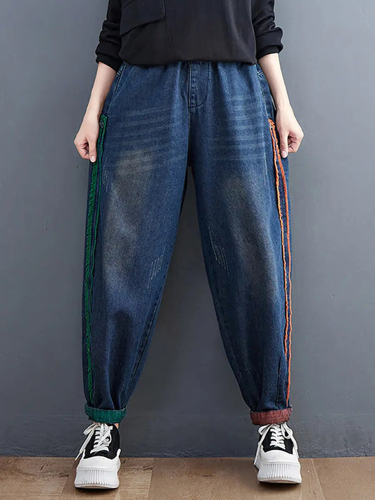 Women Casual Spring Colorblock Raw-edge Denim Pants Ada Fashion