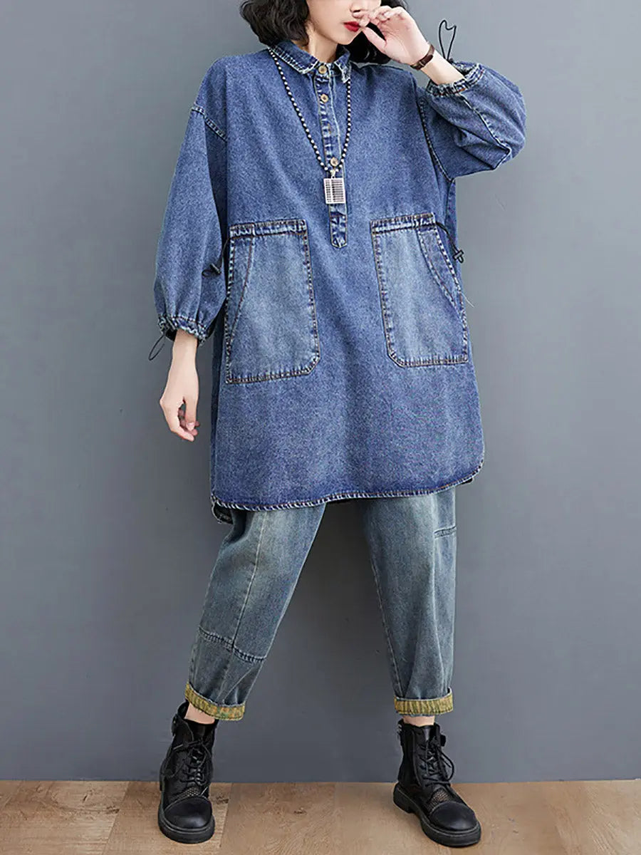 Women Casual Spring Solid Stitching Denim Long Shirt Ada Fashion