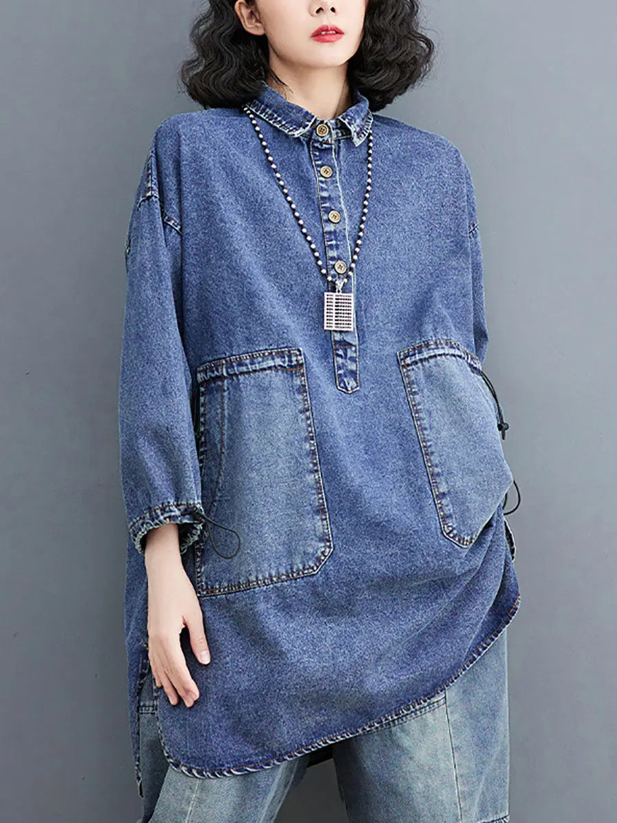 Women Casual Spring Solid Stitching Denim Long Shirt Ada Fashion