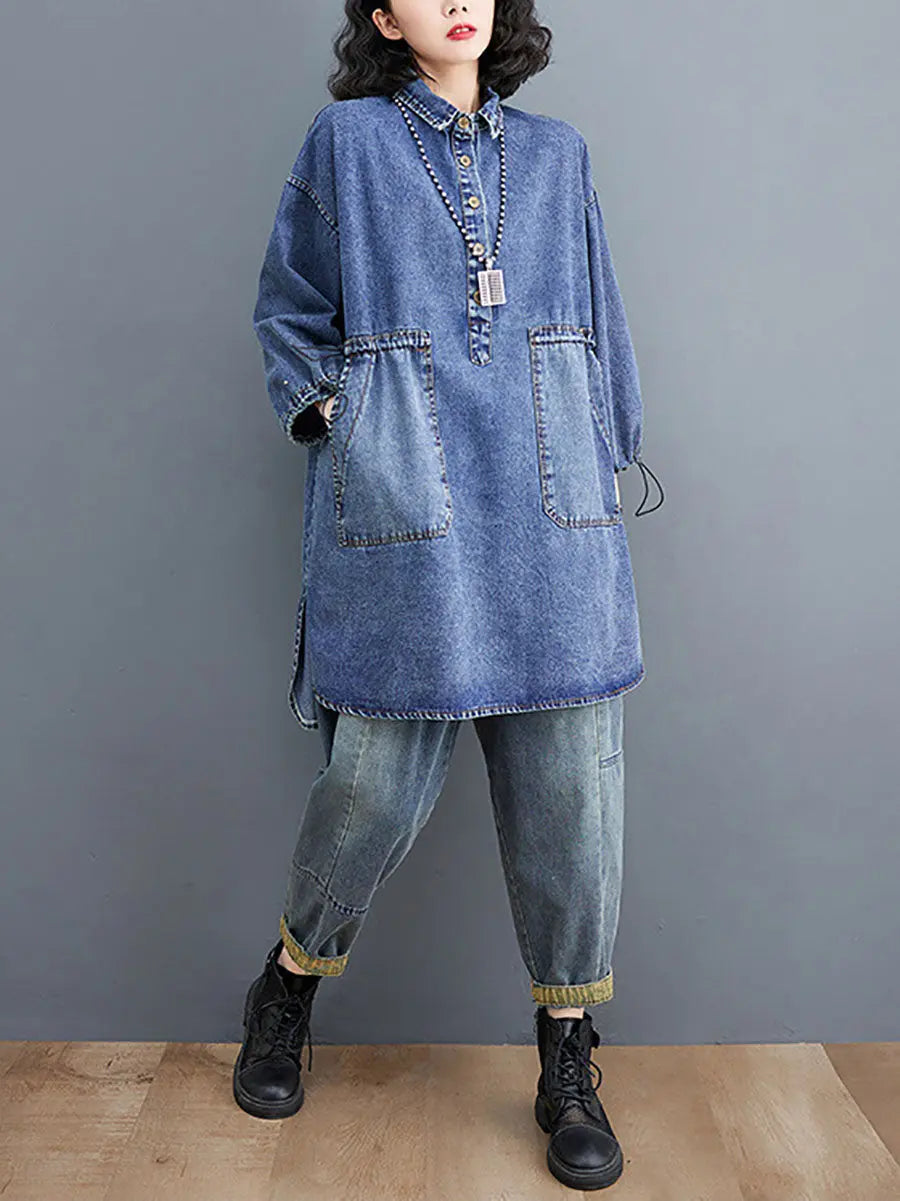 Women Casual Spring Solid Stitching Denim Long Shirt Ada Fashion