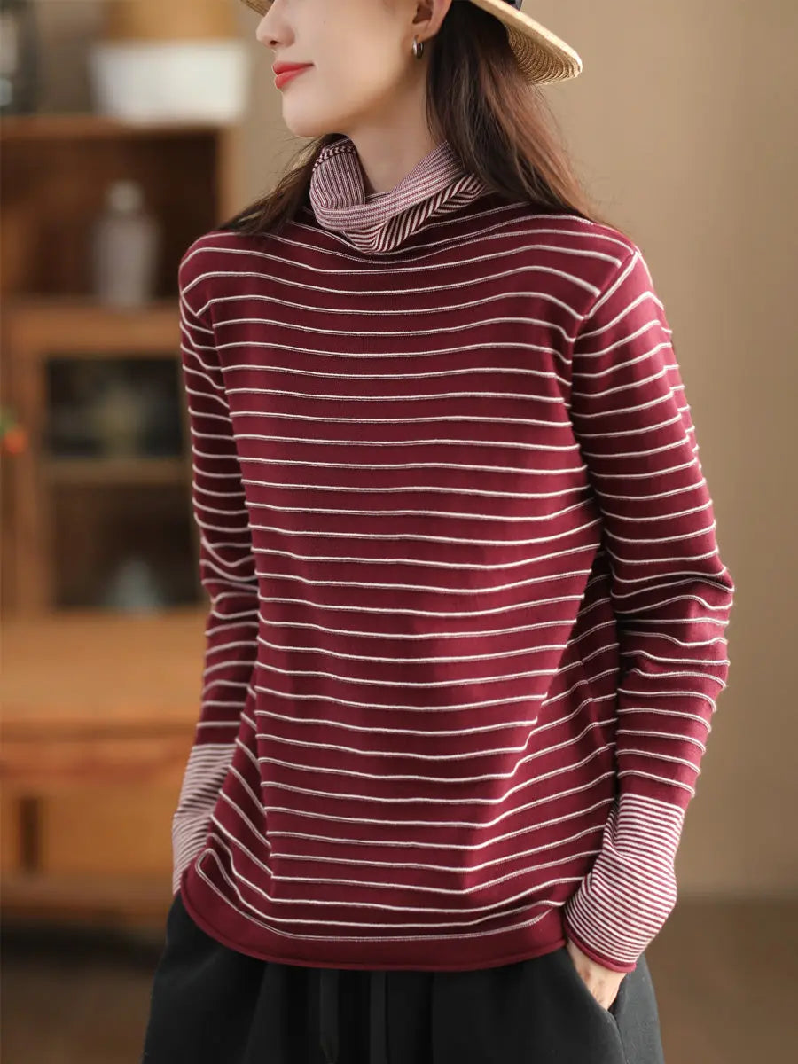 Women Casual Stripe Spliced Turtleneck Warm Sweatshirt Ada Fashion