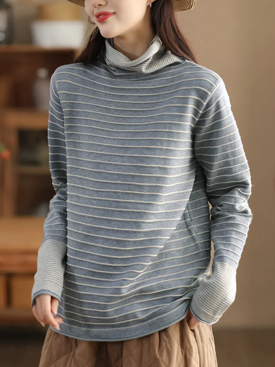 Women Casual Stripe Spliced Turtleneck Warm Sweatshirt Ada Fashion