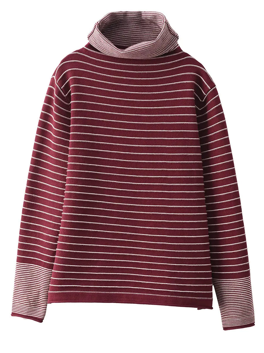 Women Casual Stripe Spliced Turtleneck Warm Sweatshirt Ada Fashion