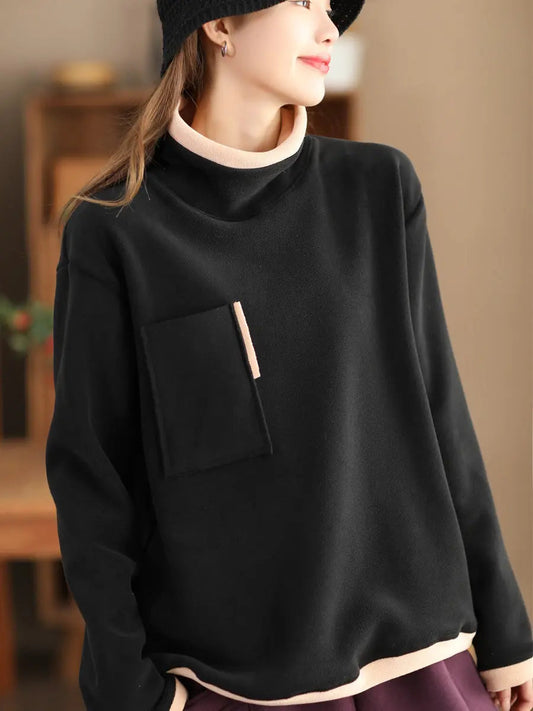 Women Casual Winter Spliced Turtleneck Fleece Sweatshirt Ada Fashion