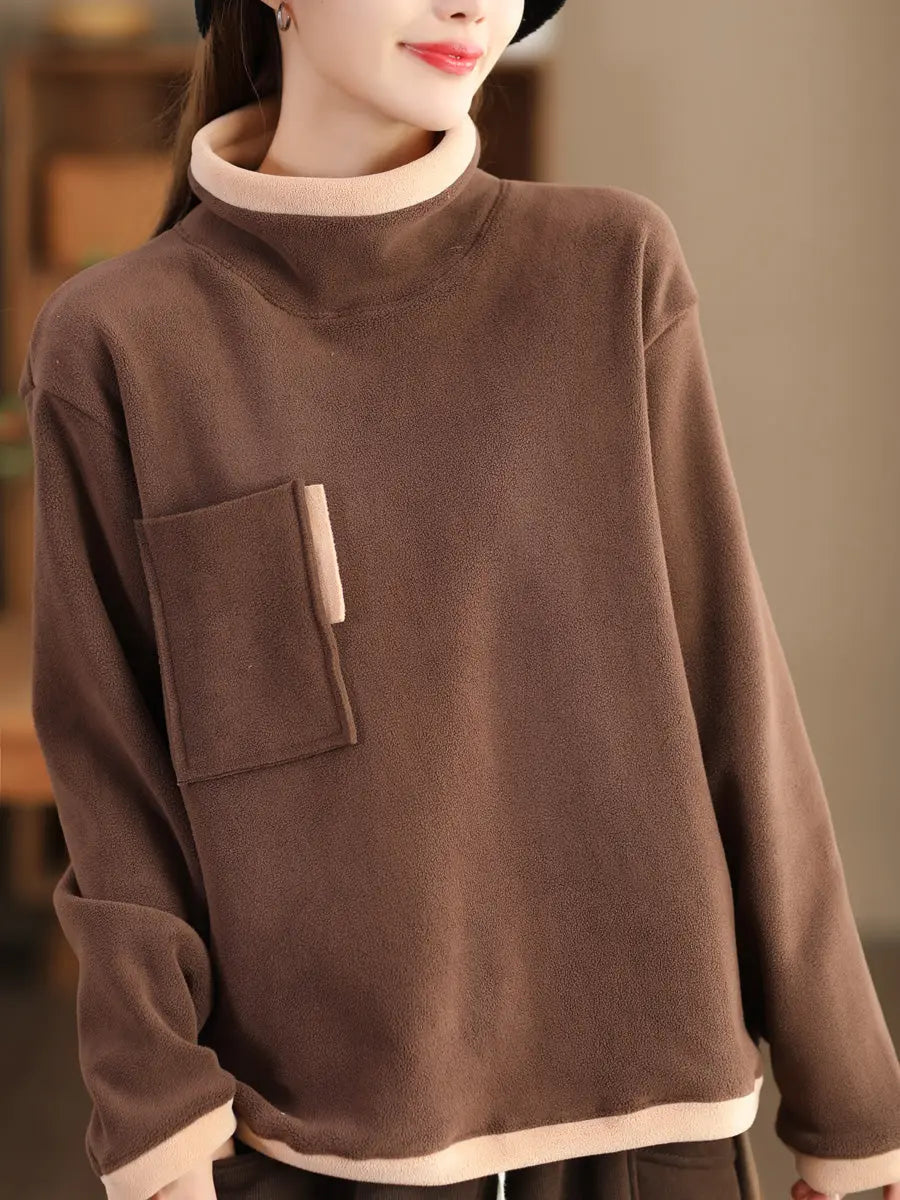 Women Casual Winter Spliced Turtleneck Fleece Sweatshirt Ada Fashion