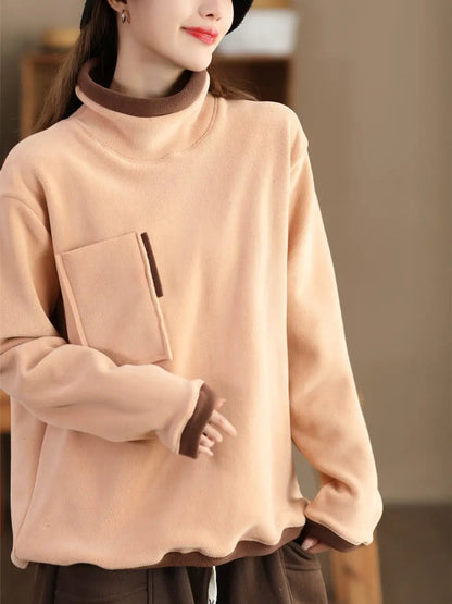 Women Casual Winter Spliced Turtleneck Fleece Sweatshirt Ada Fashion