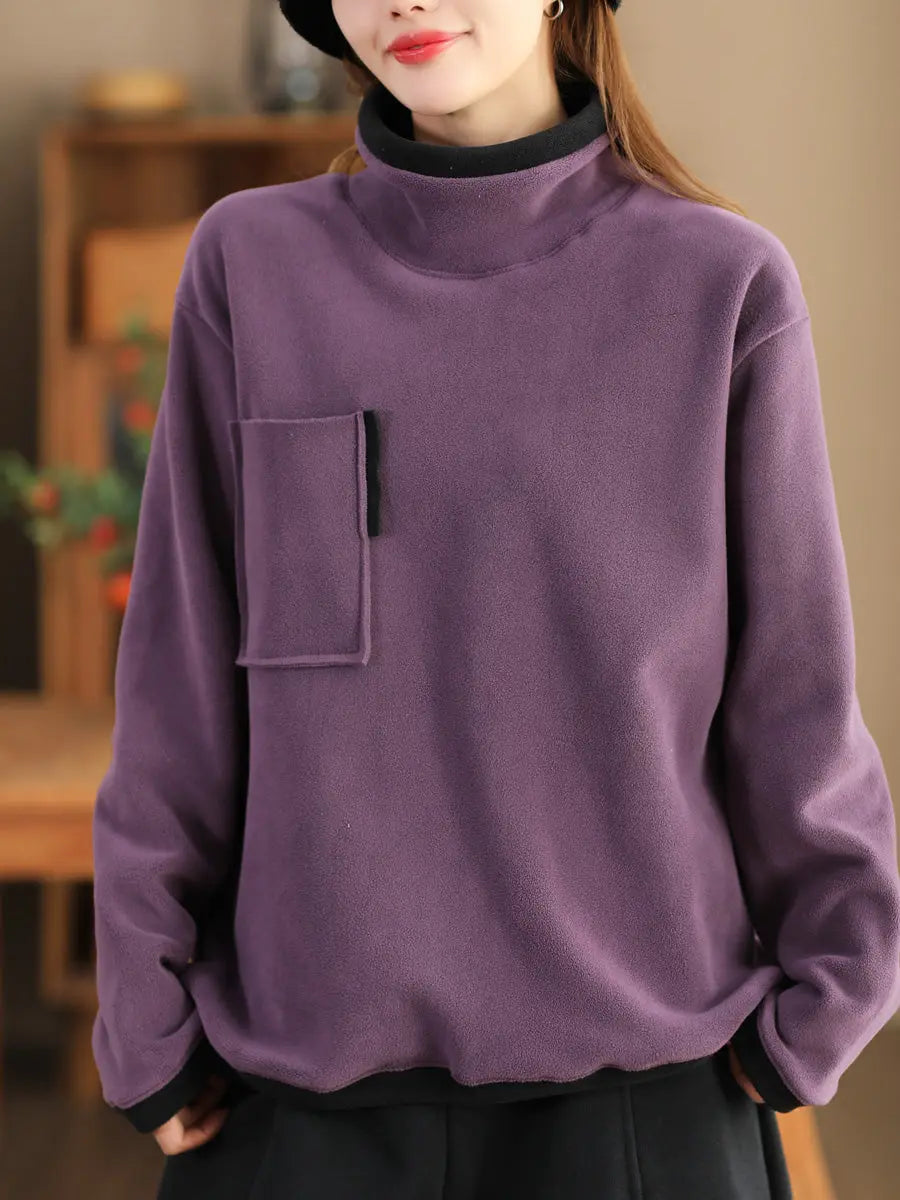 Women Casual Winter Spliced Turtleneck Fleece Sweatshirt Ada Fashion