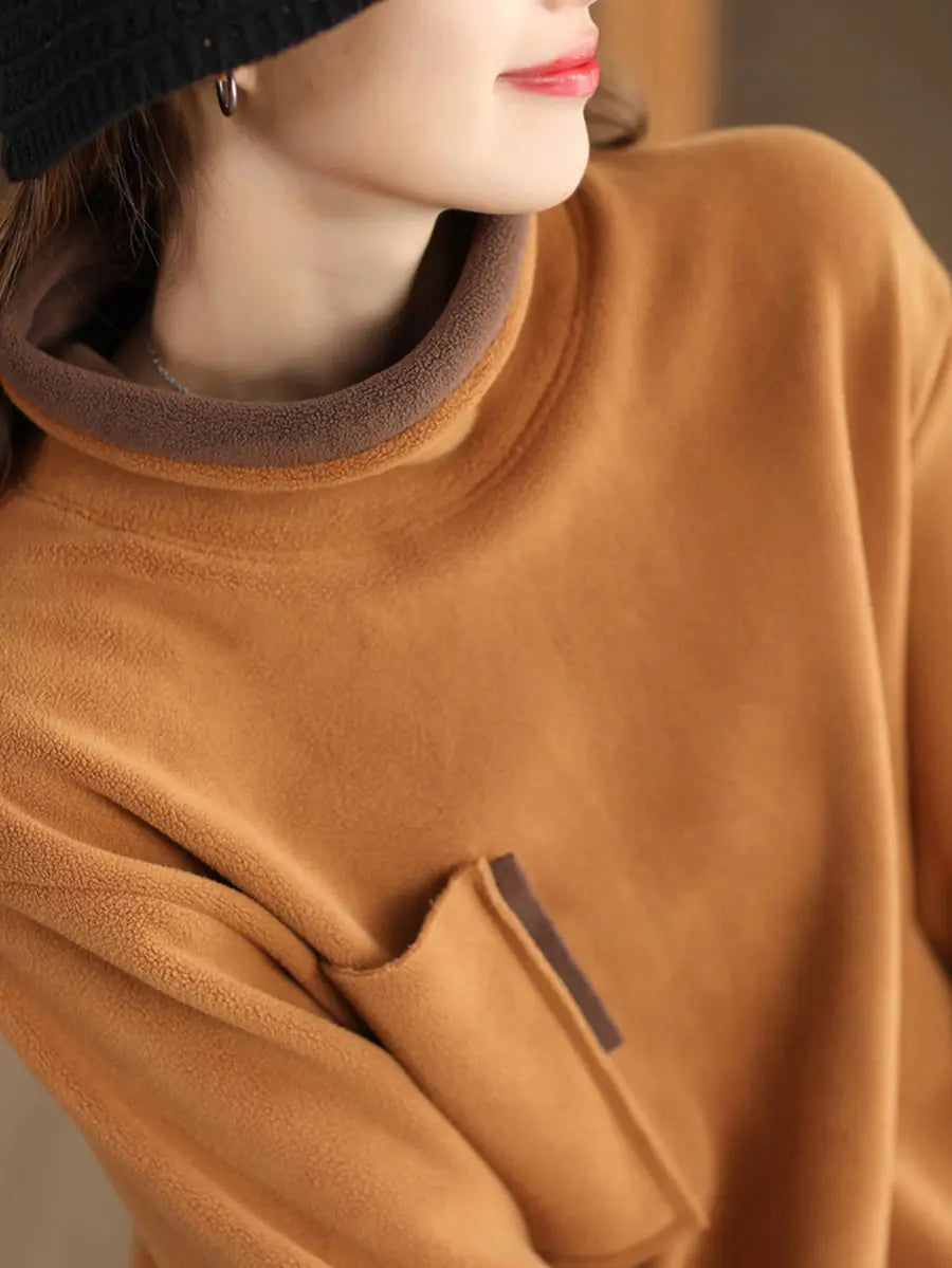 Women Casual Winter Spliced Turtleneck Fleece Sweatshirt Ada Fashion