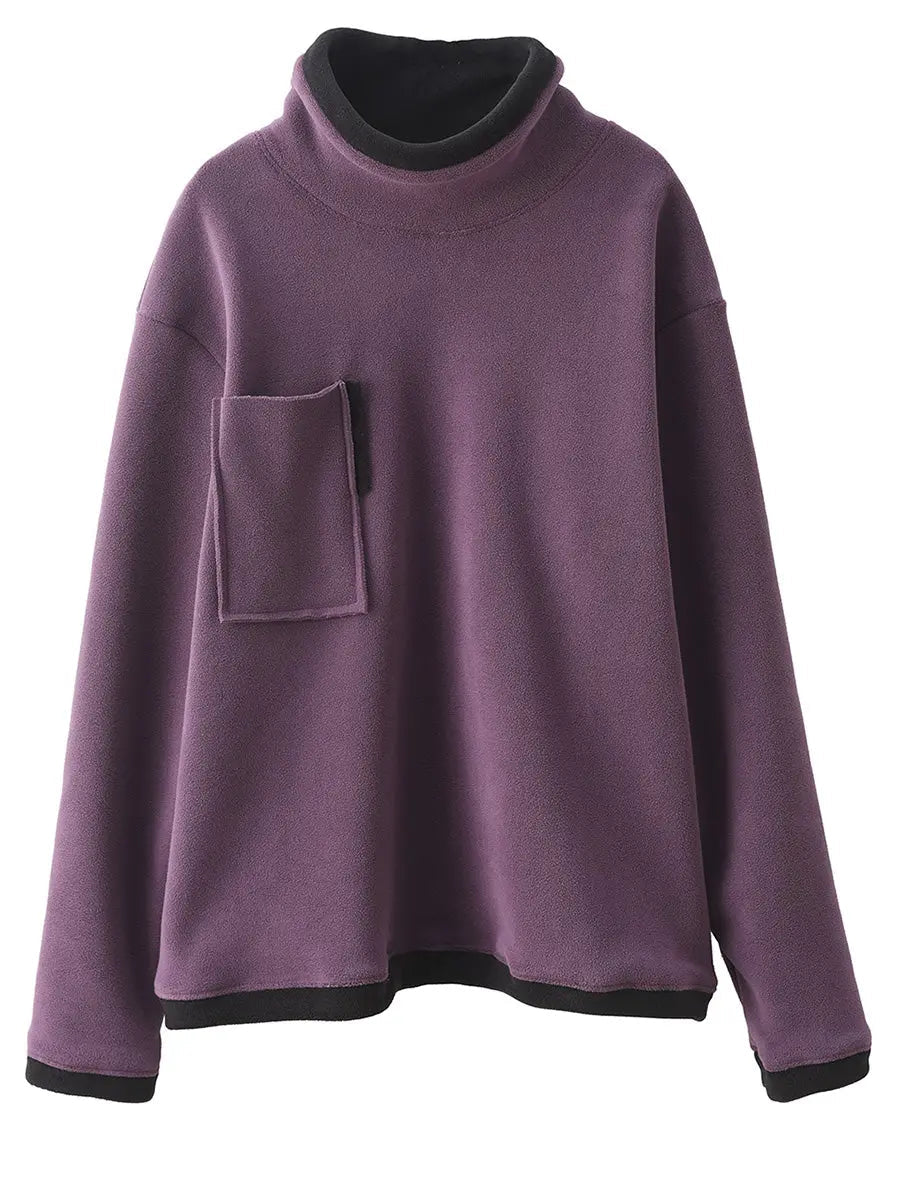 Women Casual Winter Spliced Turtleneck Fleece Sweatshirt Ada Fashion