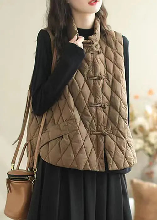 Women Coffee Button Pockets Patchwork Cotton Filled Waistcoat Sleeveless Ada Fashion