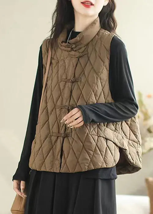 Women Coffee Button Pockets Patchwork Cotton Filled Waistcoat Sleeveless Ada Fashion