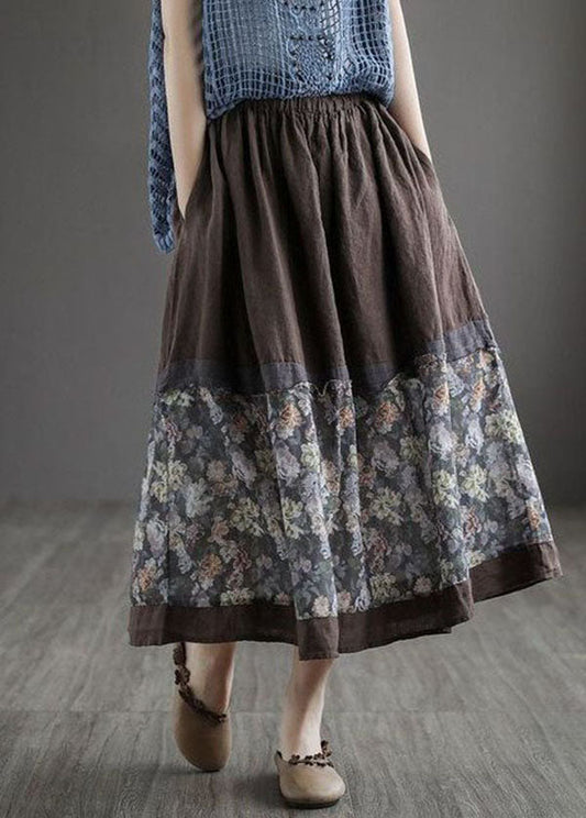 Women Coffee Wrinkled Pockets Print Patchwork Linen Skirt Summer LY4656