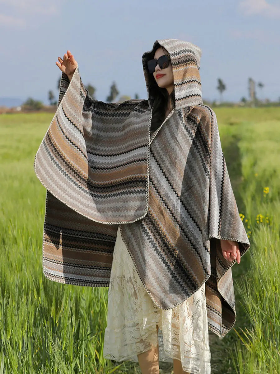Women Ethnic Colorful Stripe Hooded Shawl Ada Fashion