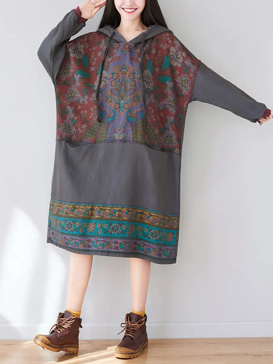 Women Ethnic Flower Spliced Long Pocket Hooded Dress Ada Fashion