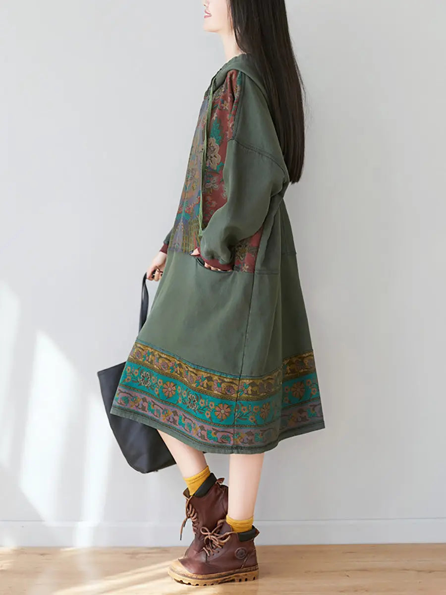 Women Ethnic Flower Spliced Long Pocket Hooded Dress Ada Fashion