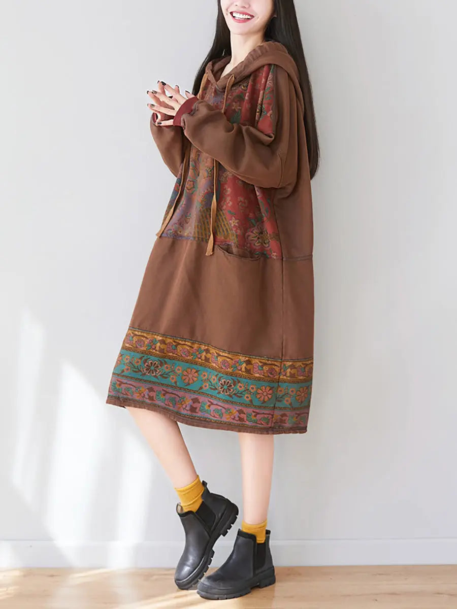 Women Ethnic Flower Spliced Long Pocket Hooded Dress Ada Fashion