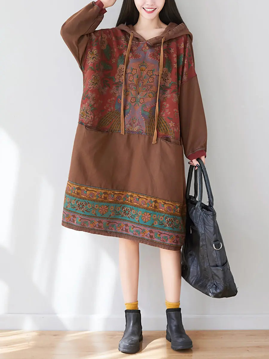 Women Ethnic Flower Spliced Long Pocket Hooded Dress Ada Fashion