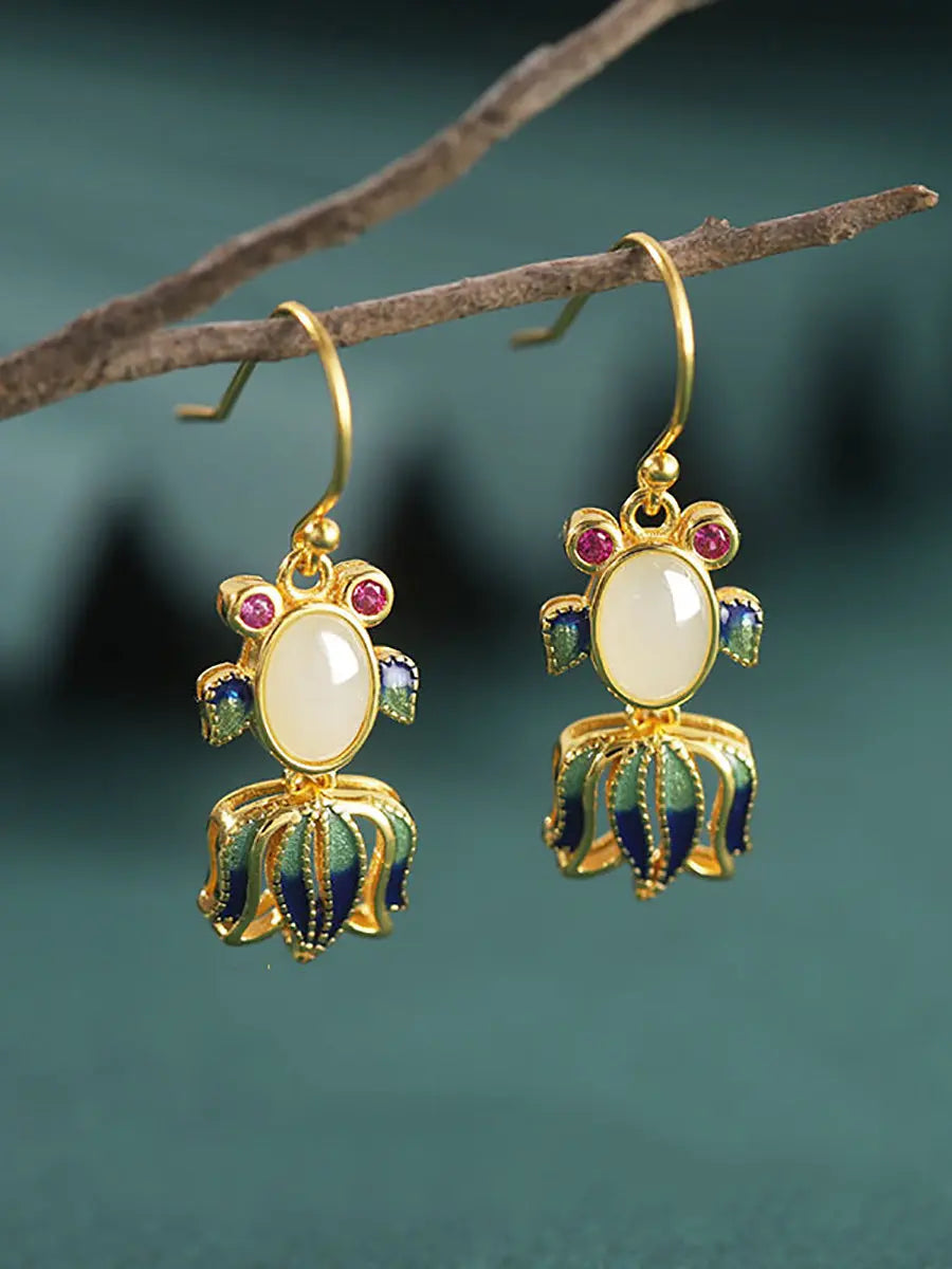 Women Ethnic Jade Enamel Sliver Fish Earrings Ada Fashion