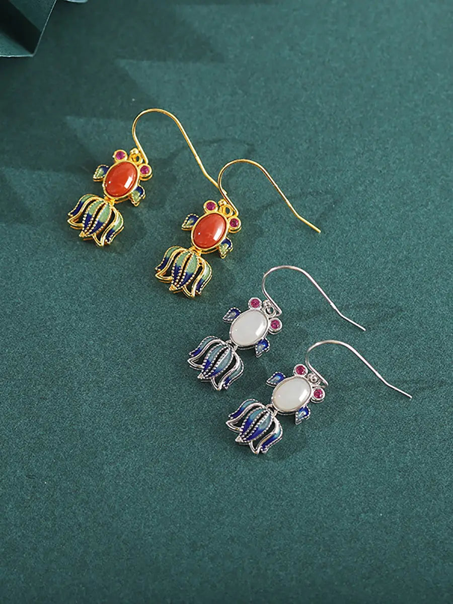 Women Ethnic Jade Enamel Sliver Fish Earrings Ada Fashion