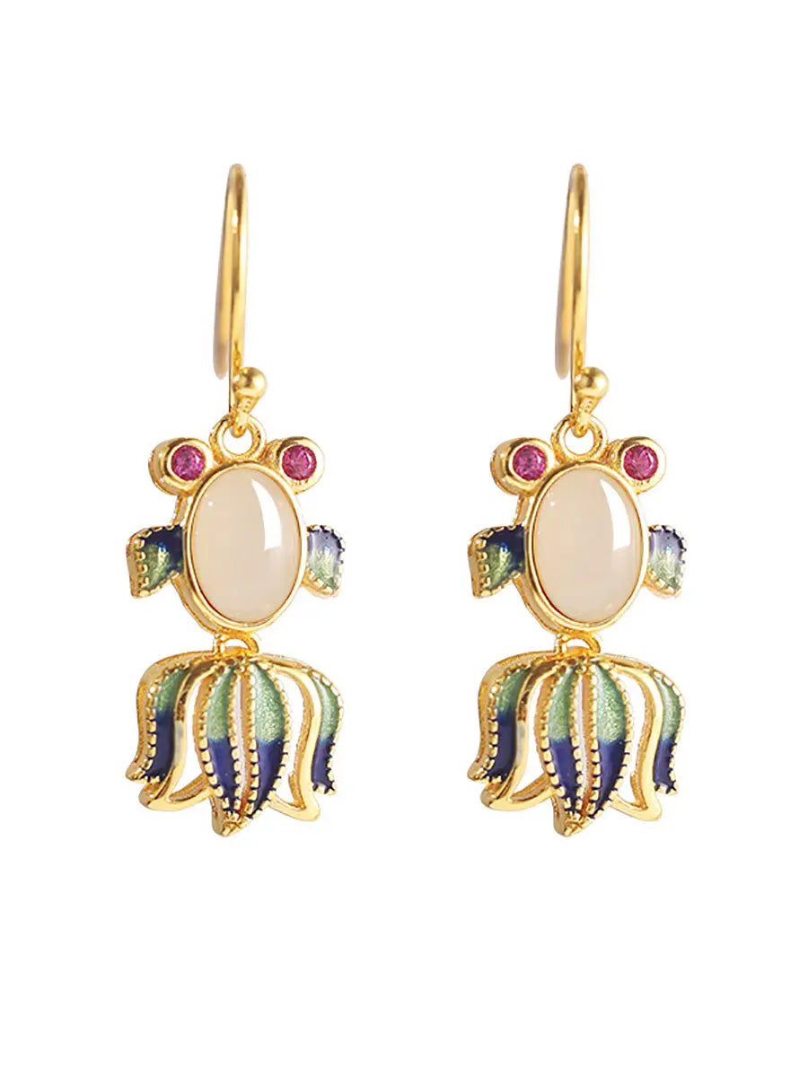 Women Ethnic Jade Enamel Sliver Fish Earrings Ada Fashion