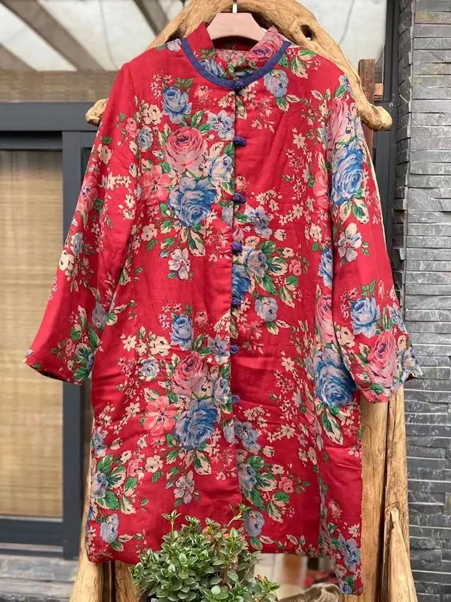 Women Ethnic Red Flower Print Cotton Padded Coat Ada Fashion