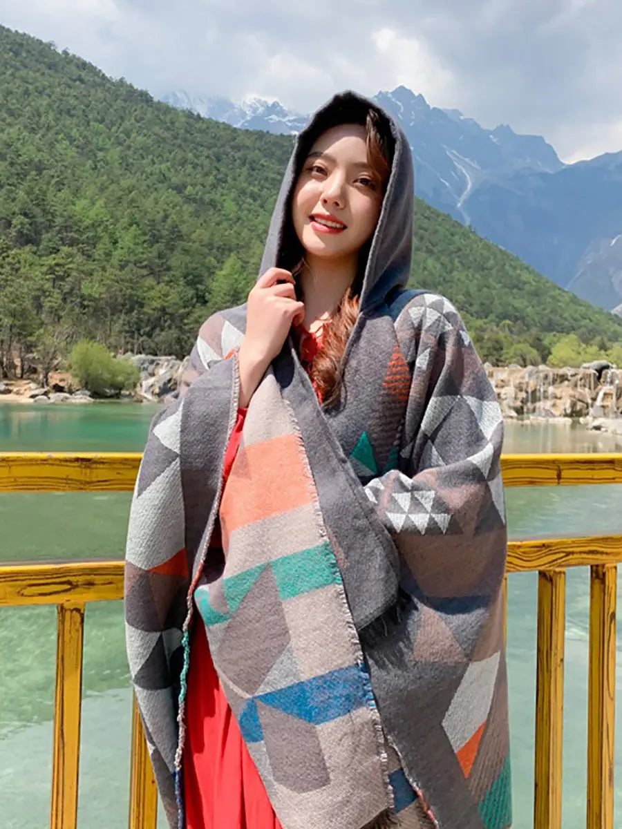 Women Ethnic Triangle Spliced Hooded Shawl Ada Fashion