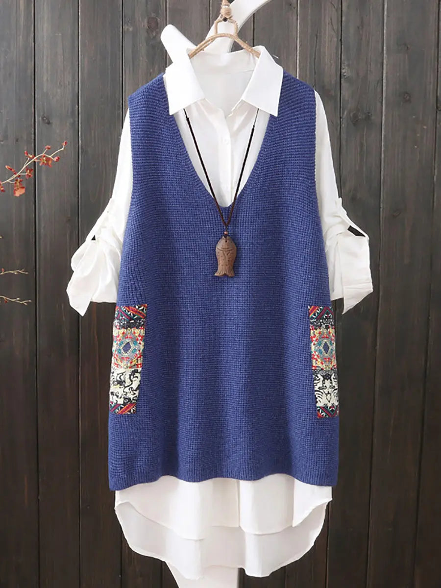 Women Ethnic V-Neck Loose Knitted Vest Ada Fashion