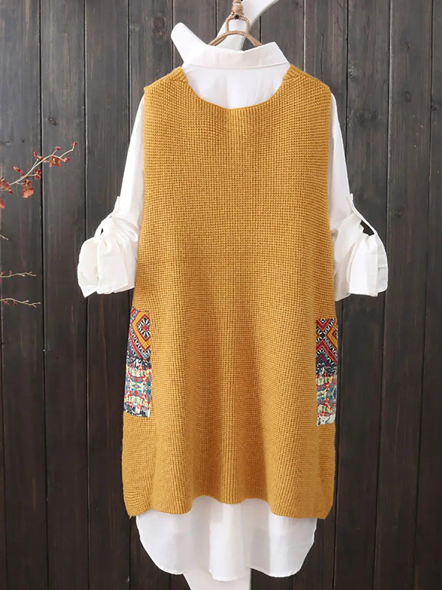 Women Ethnic V-Neck Loose Knitted Vest Ada Fashion