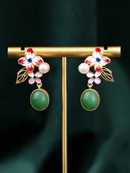 Women Flower Enamel Green Jade Glod Plate Earrings Ada Fashion