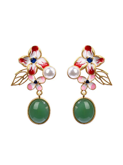 Women Flower Enamel Green Jade Glod Plate Earrings Ada Fashion