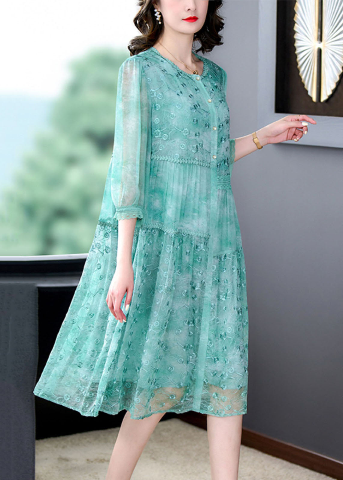 Women Green Embroideried Patchwork Silk Mid Dress Summer Ada Fashion