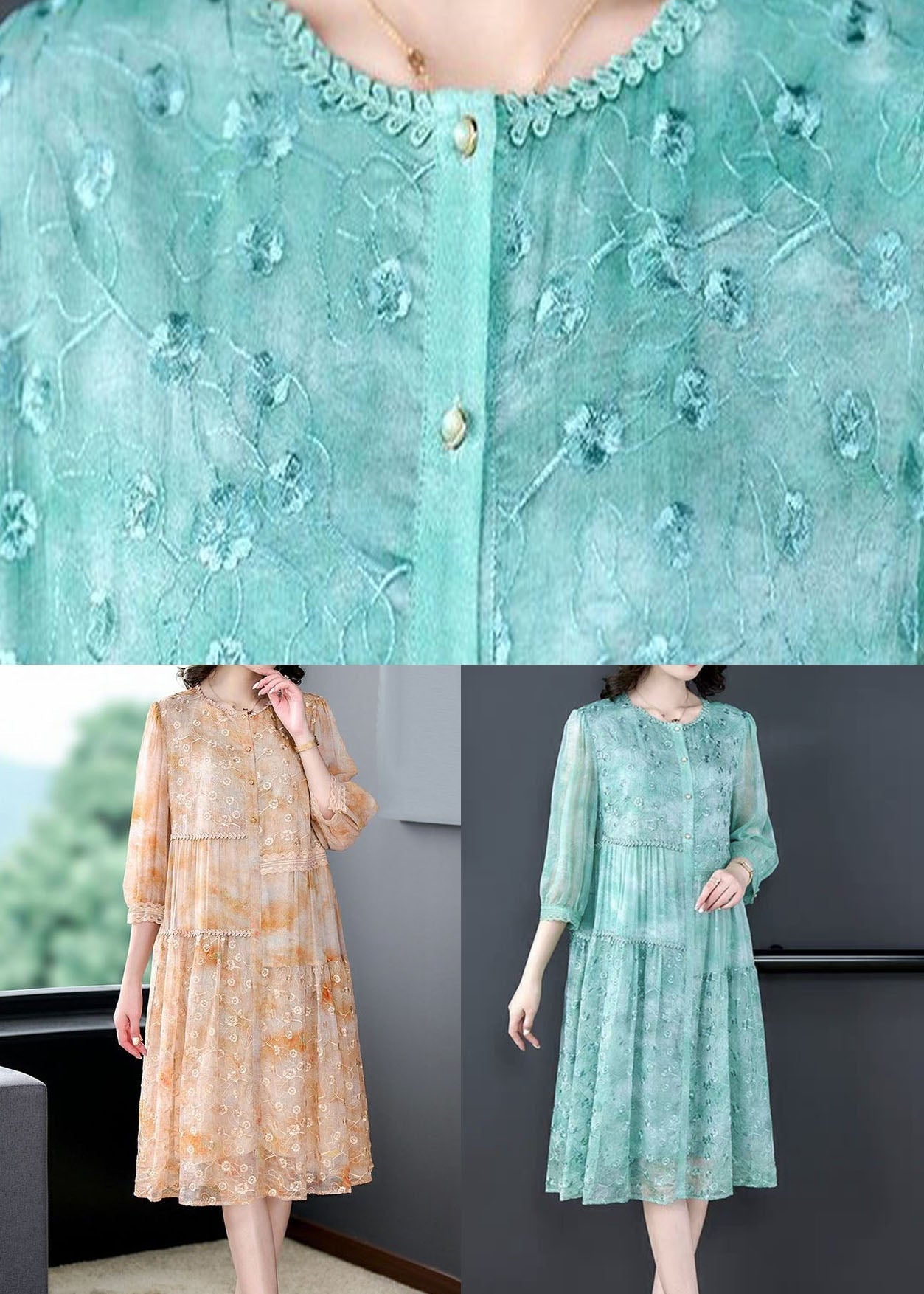 Women Green Embroideried Patchwork Silk Mid Dress Summer Ada Fashion