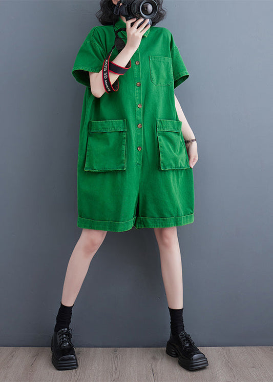 Women Green Peter Pan Collar Button Solid Denim Jumpsuit Summer LY5208
