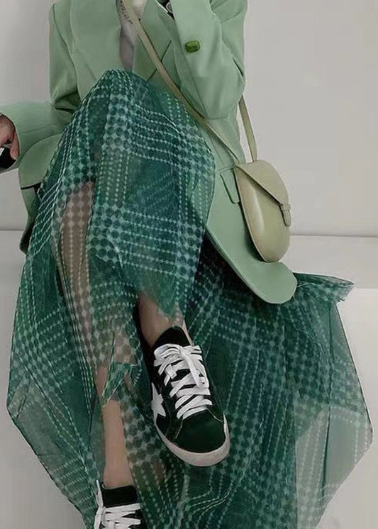 Women Green Plaid Asymmetrical High Waist Patchwork Tulle Skirts Summer Ada Fashion