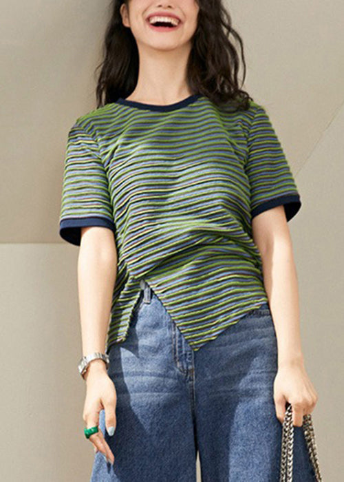 Green Striped Side Open Knitting Cotton T Shirt