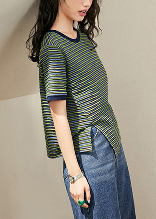 Green Striped Side Open Knitting Cotton T Shirt