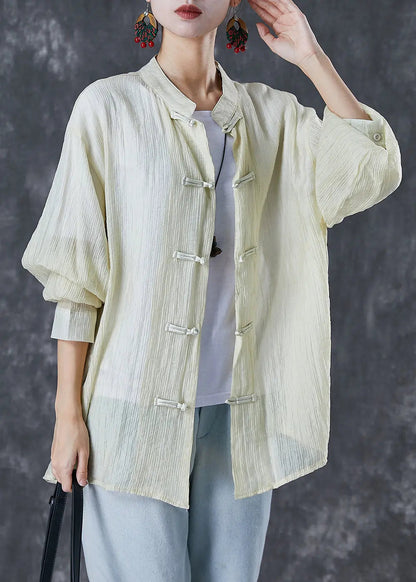 Women Light Yellow Mandarin Collar Chinese Button Wrinkled Cotton Shirt Fall Ada Fashion