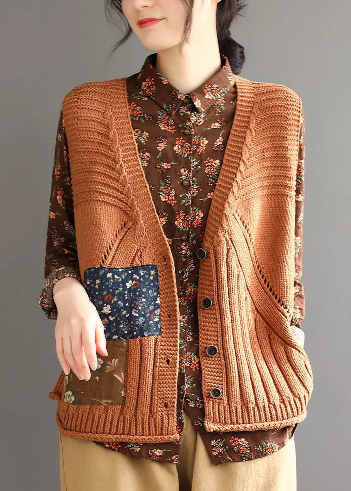 Women Orange Button Patchwork Cozy Cotton Knit Waistcoat Sleeveless Ada Fashion