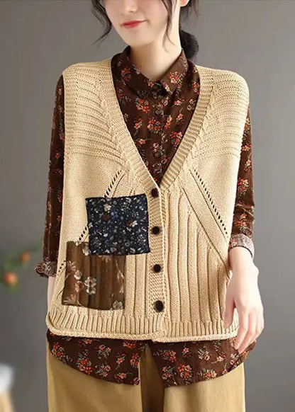 Women Orange Button Patchwork Cozy Cotton Knit Waistcoat Sleeveless Ada Fashion