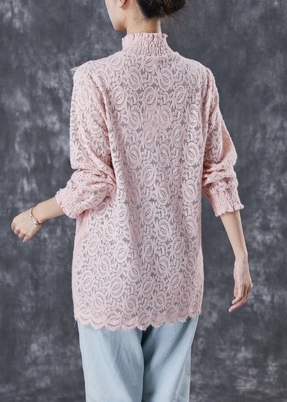 Women Pink High Neck Patchwork Lace Velour Shirts Winter Ada Fashion