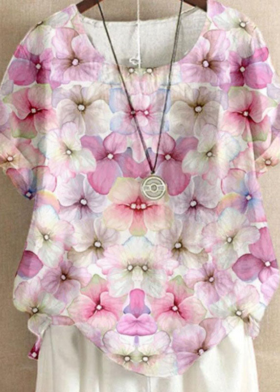 Women Pink O Neck Print Patchwork Linen T Shirt Top Summer Ada Fashion