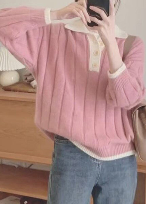 Women Pink Patchwork Cozy Knit Sweaters Fall