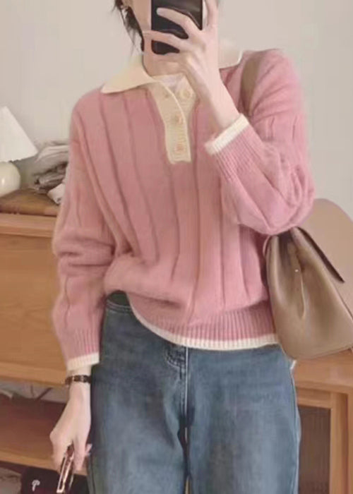 Women Pink Patchwork Cozy Knit Sweaters Fall