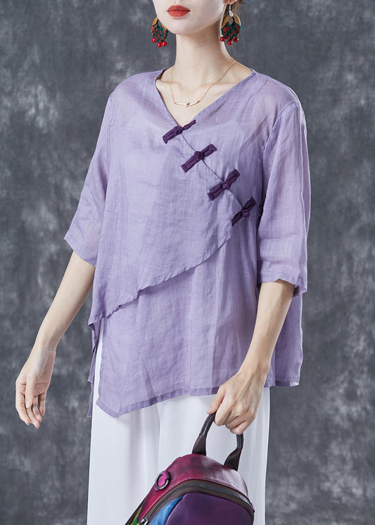 Women Purple Asymmetrical Chinese Button Linen Blouse Tops Summer LY4137