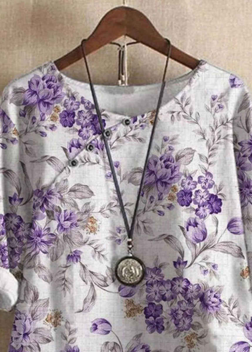 Women Purple O Neck Print Patchwork Linen T Shirts Tops Summer Ada Fashion