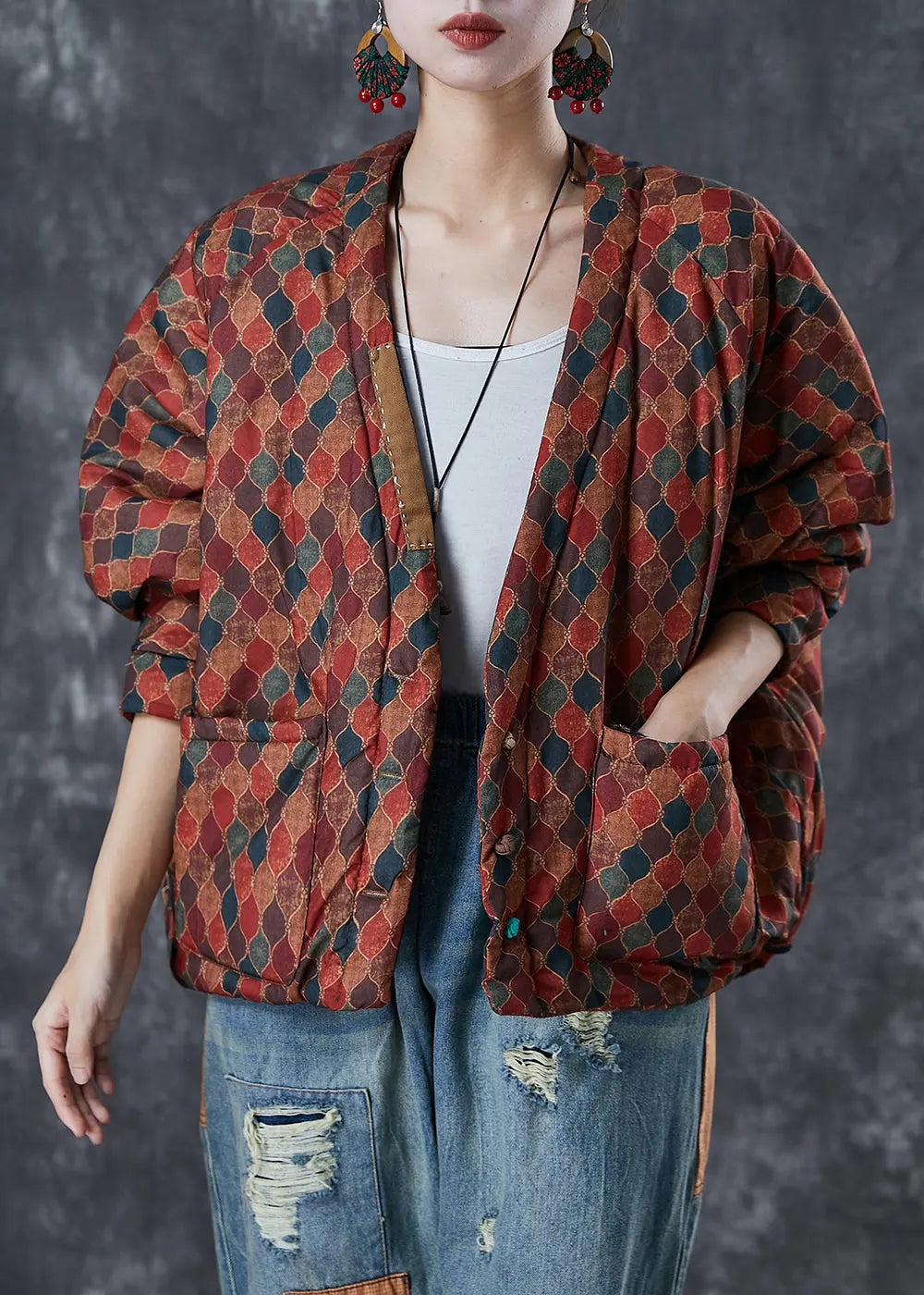 Women Red Oversized Print Fine Cotton Filled Puffers Jackets Winter Ada Fashion