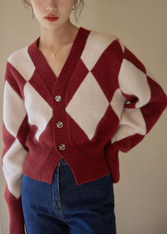 Red Plaid Button Patchwork Knit Sweaters
