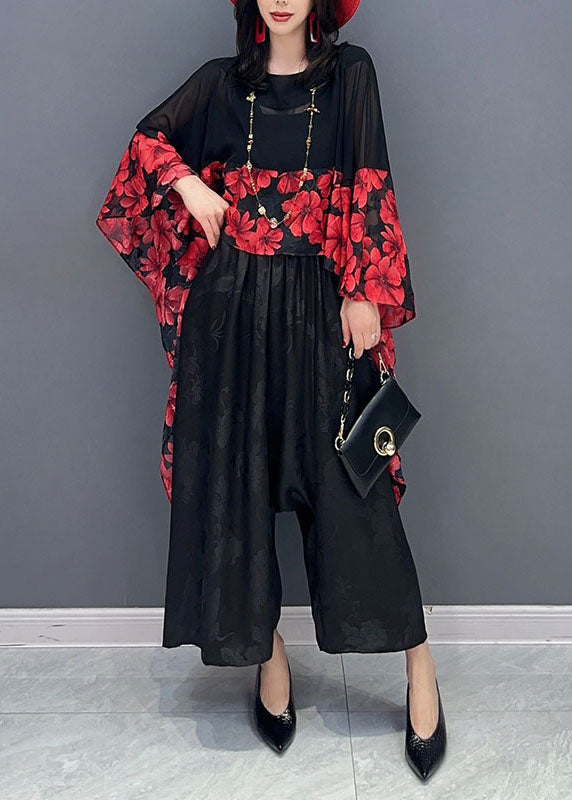 Women Red Print Asymmetrical Patchwork Chiffon Blouses Batwing Sleeve Ada Fashion