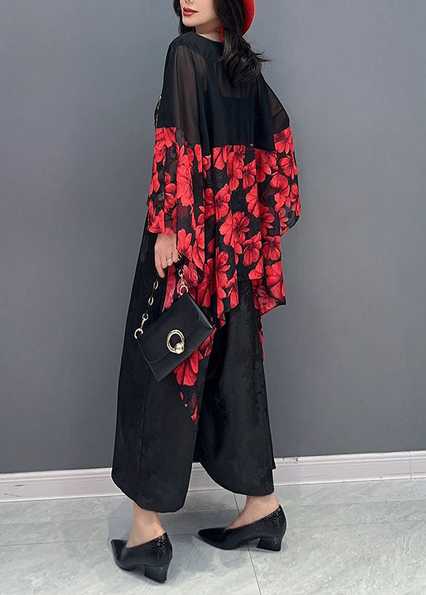 Women Red Print Asymmetrical Patchwork Chiffon Blouses Batwing Sleeve Ada Fashion